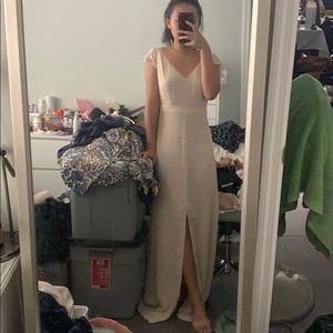 NWT paper crown beige slit maxi dress Sz xs